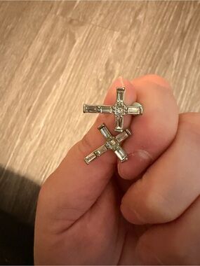 Silver Cross Stud Earrings - Sparkling Baguette & Round Stones (Sterling Silver)